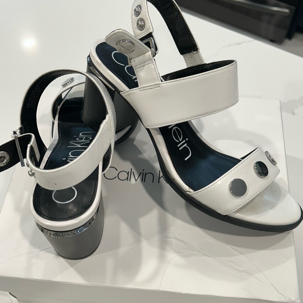 Calvin Klein Black and White Block Heel Sandals